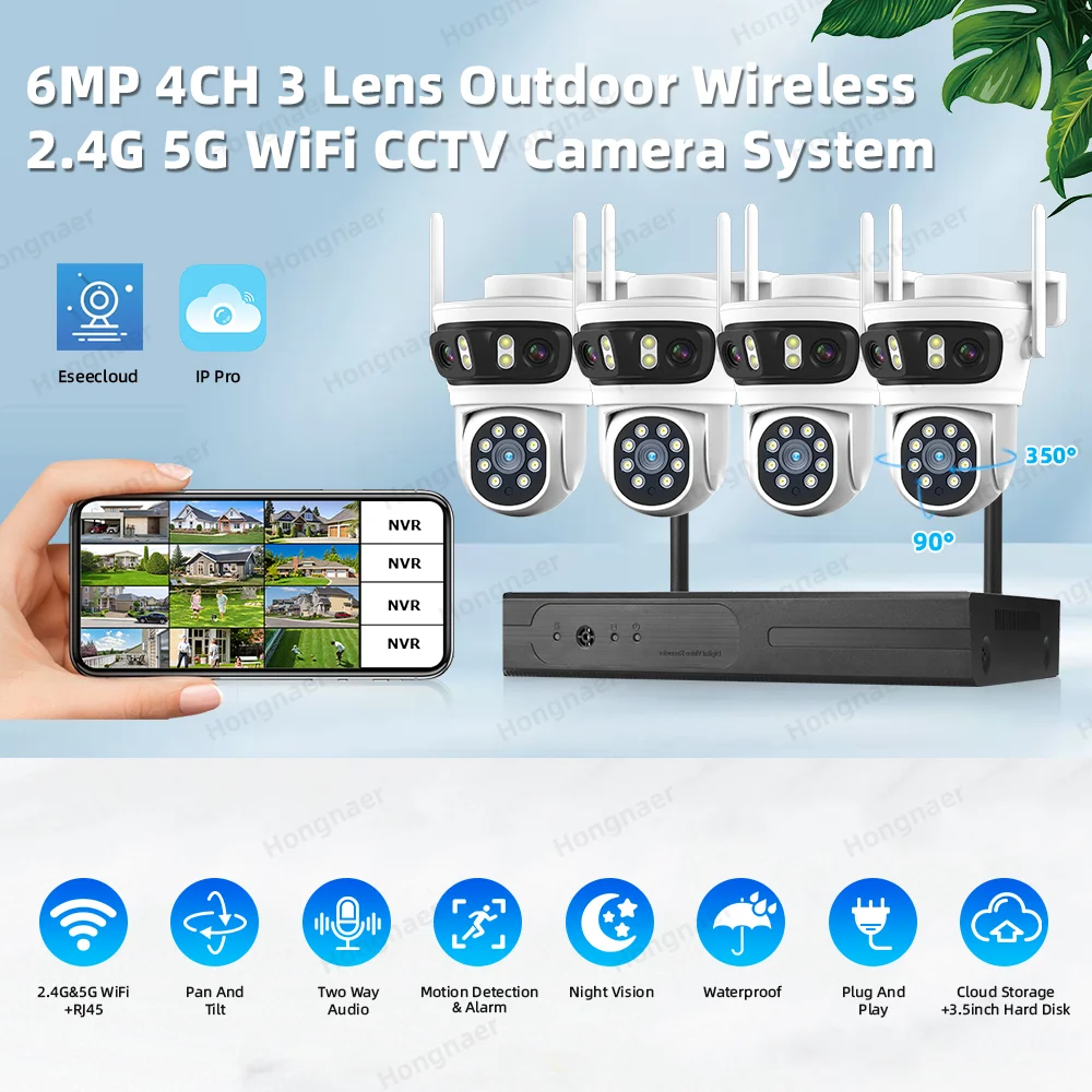 2026 Hongnaer 6MP 4CH 3 Lens 2 - Home Security Wireless Camera ulasan dan harga